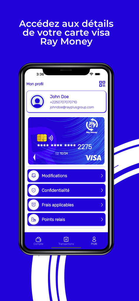 Ray Money - Ray Moneyモバイルアプリインターフェース、デジタルVisaカードとアカウントプロファイルの詳細を表示