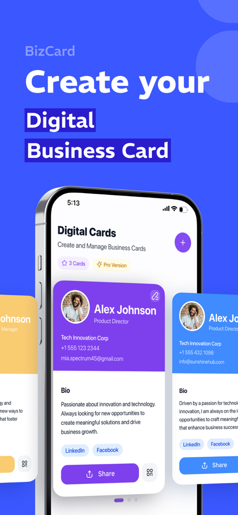 Una pantalla de smartphone mostrando tarjetas de presentación digitales personalizables con fotos de perfil y detalles de contacto