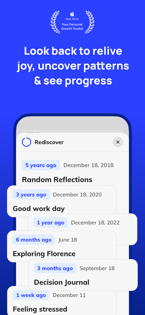 Clearful - Journal & Diary - Clearful app's Rediscover feature showing a stacked timeline of past journal entries to track personal growth and patterns.
