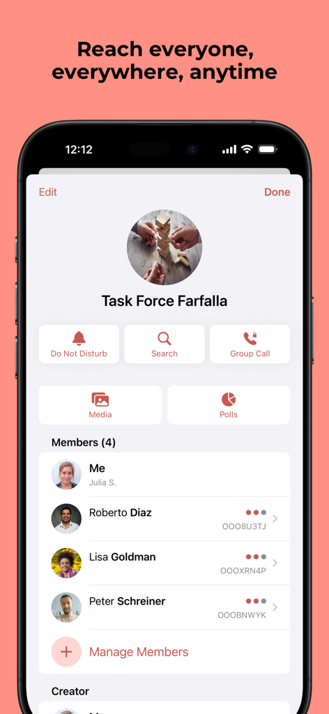 Threema OnPrem - Interface of Threema OnPrem app showing group chat members and management options for a professional task force.