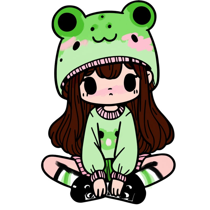 a girl wearing a frog hat and some frog socks