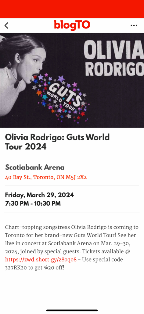 blogTO - A screenshot of the blogTO app displaying event details for Olivia Rodrigo Guts World Tour 2024 at Scotiabank Arena in Toronto