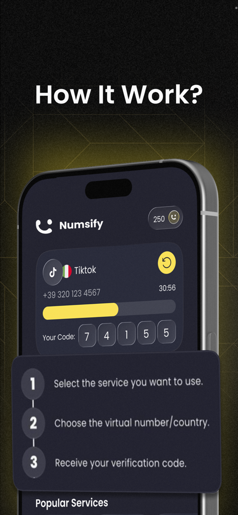 Numsify - Virtual Number - A step by step guide showing how to use Numsify to get a virtual number and receive a verification code for apps like TikTok.