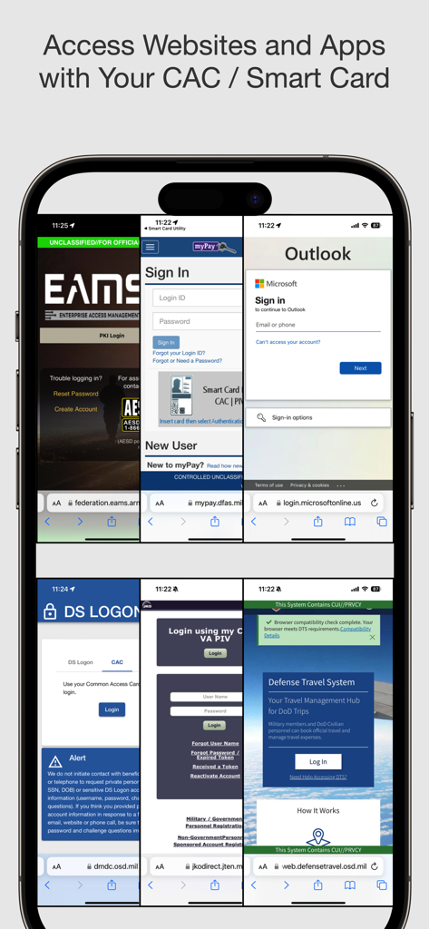 iPhone displaying military and government website login screens using Smart Card Utility for CAC access.