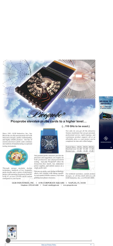 Microwave Journal Magazine - Technical advertisement for Picoprobe probe cards in the Microwave Journal Magazine app