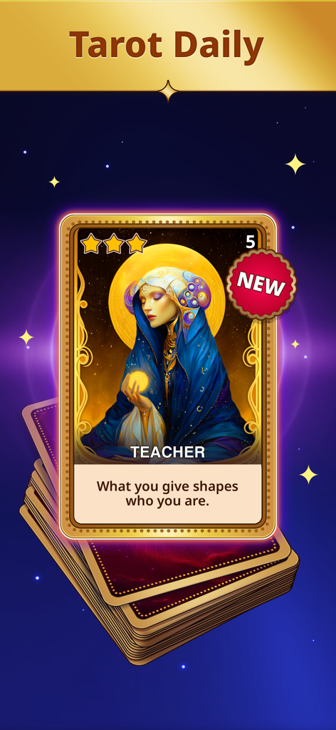 Función de lectura diaria de tarot en Guru Mahjong que muestra una carta de Maestro con una cita espiritual