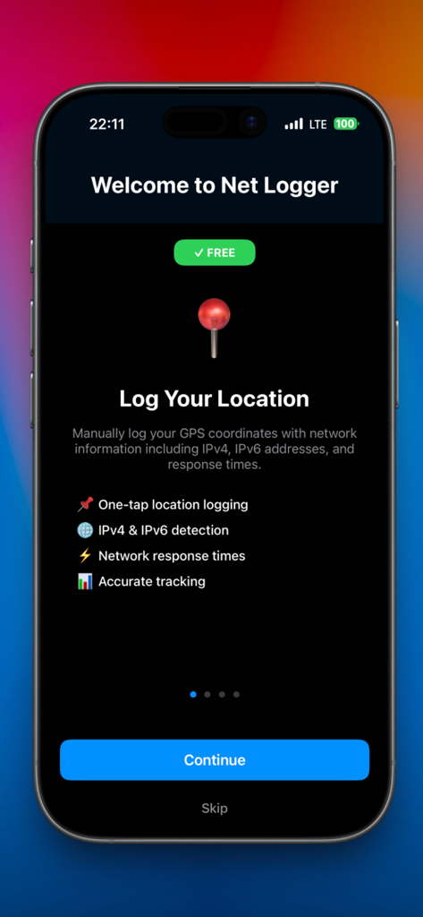 Net-Logger - Welcome screen of the Net-Logger app highlighting manual location logging and network diagnostic features.