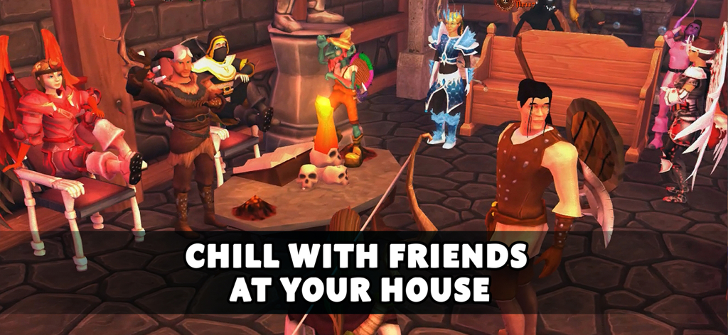 Villagers & Heroes - Groupe de personnages fantastiques aux tenues diverses socialisant à l'intérieur d'une maison de joueur