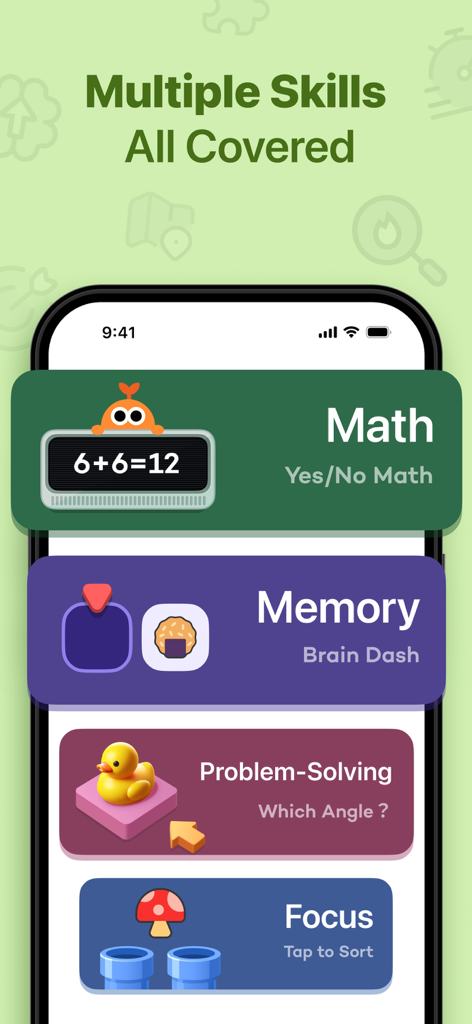 Interface do aplicativo BrainBloom mostrando quatro categorias de treinamento: Matemática, Memória, Resolução de Problemas e Foco.