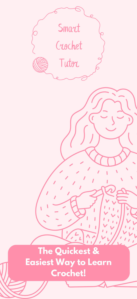 Crochet AI: Crochet Patterns - An illustration of a woman crocheting with text describing it as a smart crochet tutor and the quickest way to learn.