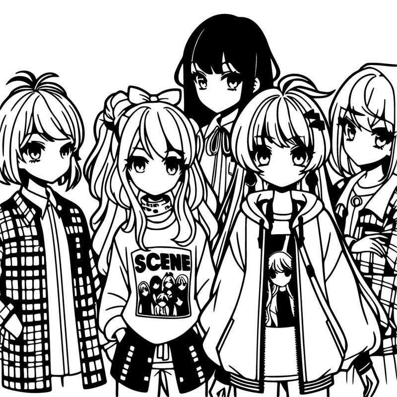 a group of anime girls wearing scene outfits