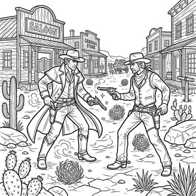 Relive the excitement of the Wild West with this dynamic coloring page featuring two fierce gunslingers ready for a duel. Immerse yourself in a classic Western standoff, complete with iconic desert landscapes and saloon backdrops, perfect for bringing to life with your favorite colors.