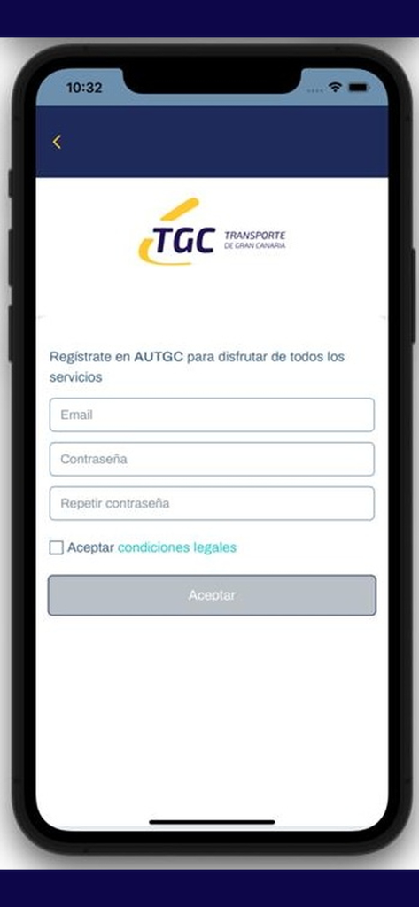 AUTGC - Pantalla de registro para la aplicación de transporte AUTGC de Gran Canaria que muestra campos para correo electrónico y contraseña