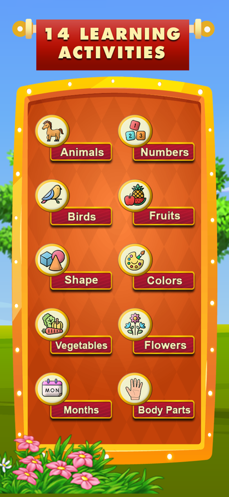 Menu of the Spell It app showing 14 learning categories including animals, numbers, fruits, and shapes.