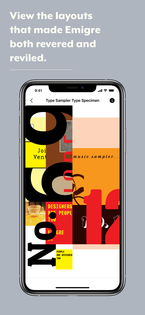 Emigre Fonts - Smartphone displaying an experimental typographic layout from the Emigre Fonts archive