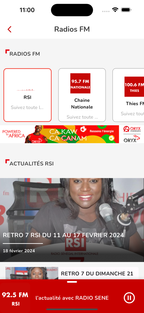 RTS L Officiel app interface displaying Senegalese FM radio stations and news