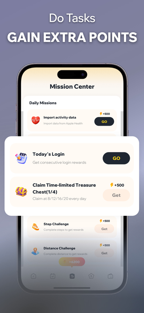 Perfit-Men's Fitness Coach - Una pantalla móvil mostrando el Centro de Misiones en la aplicación Perfit con tareas diarias y recompensas para obtener puntos extra.