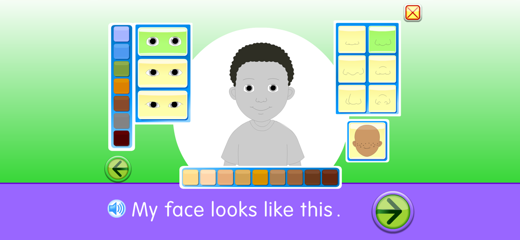 Starfall All About Me - Una pantalla de la aplicación Starfall All About Me donde los niños pueden personalizar las características faciales de sus avatares, incluyendo ojos y tono de piel