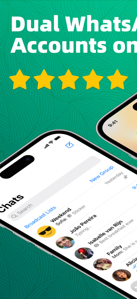 WhatsBox - Dual Chat for WA - WhatsBox app interface showing dual WhatsApp accounts on an iPhone screen with a five star rating