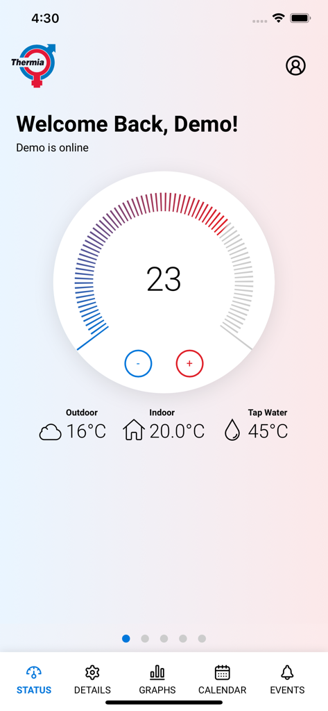 Schermata di stato dell'app Thermia Online con quadrante di controllo della temperatura e dati della pompa di calore