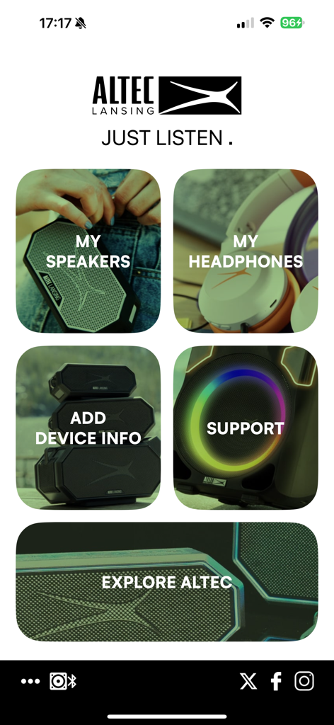 Home screen of the Altec Lansing Just Listen app with menu buttons for speakers, headphones, and support.