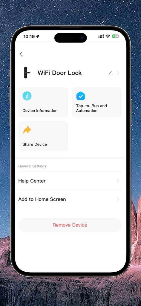 Hugolog Connect App-Oberfläche zur Verwaltung der Einstellungen für WLAN-Türschlösser, einschließlich Gerätefreigabe und Automatisierung.