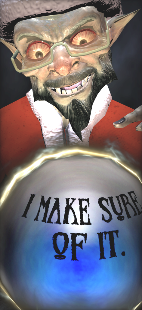 The Amazing Fortune Teller 3D - Personaje adivino de Papá Noel en 3D mirando una bola de cristal con una profecía mística.