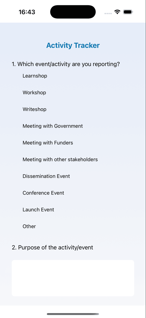 ALiVE CONNECT App - ALiVE CONNECT app activity tracker screen showing options for reporting different organizational events and their purpose