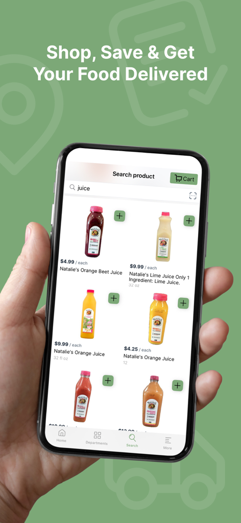 A person holding a smartphone showing the Pines-Pantry app interface with a selection of fresh juices for delivery.