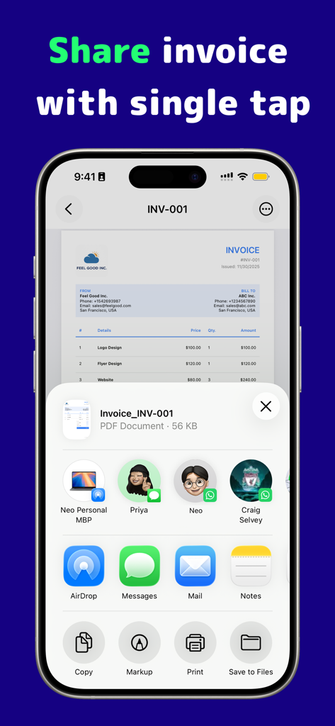 Screenshot of the app showing an invoice being shared via the iOS share sheet