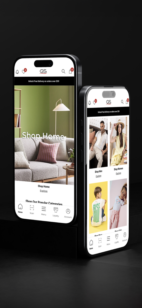 GS - GS shopping app interface displaying home decor and fashion categories for men and women