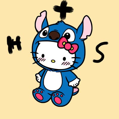 little cute hello kitty, blushing with little stitch costume