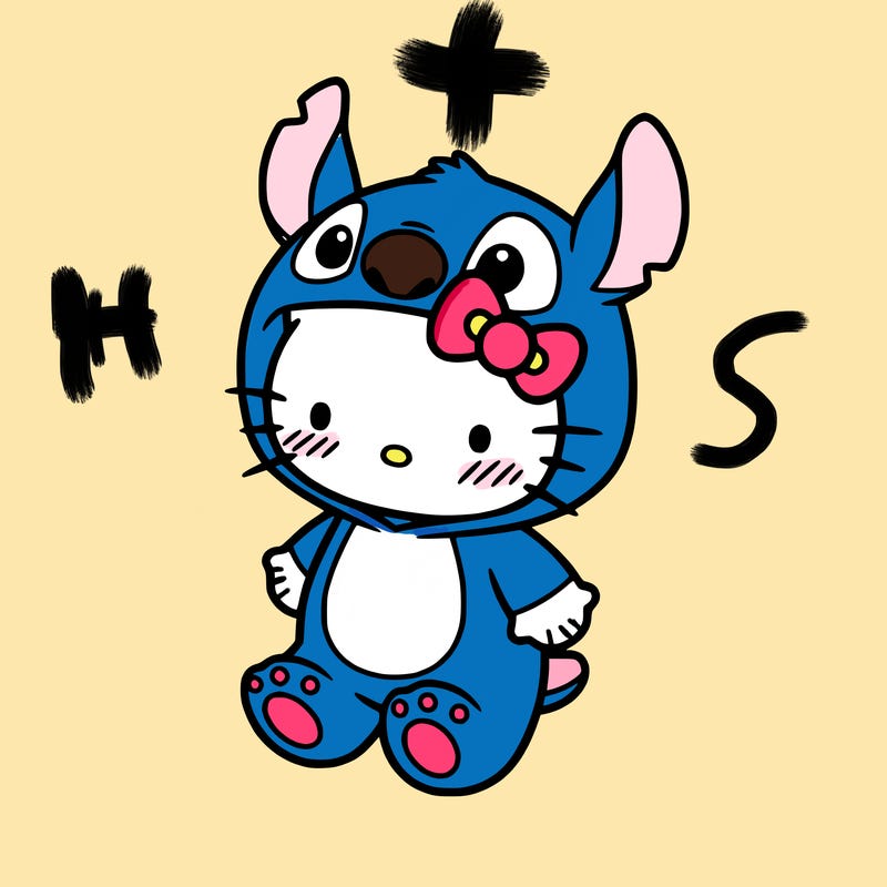 little cute hello kitty, blushing with little stitch costume