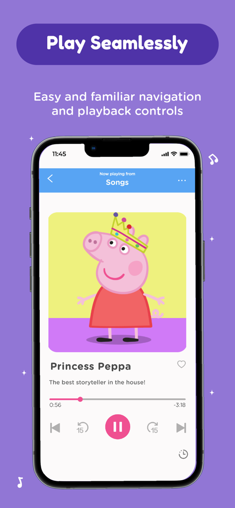 Pantalla de smartphone que muestra los controles de reproducción de música y el personaje de la Princesa Peppa en la aplicación Peppa Pig de PlayShifu