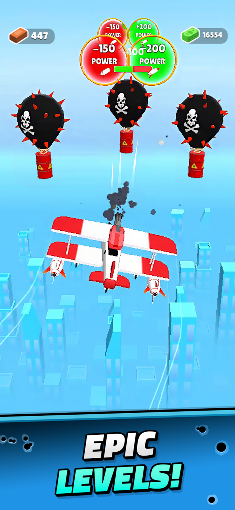 Evolving Bombs! - Un biplano rojo y blanco volando a través de puertas multiplicadoras de potencia en el juego móvil Bombas en Evolución sobre un horizonte urbano.