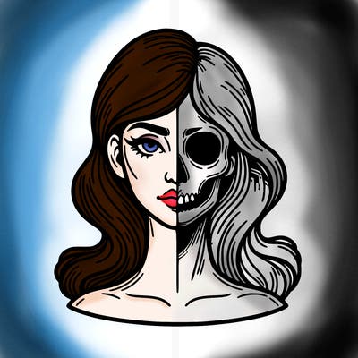 bust of a woman, half face and hair, half skull