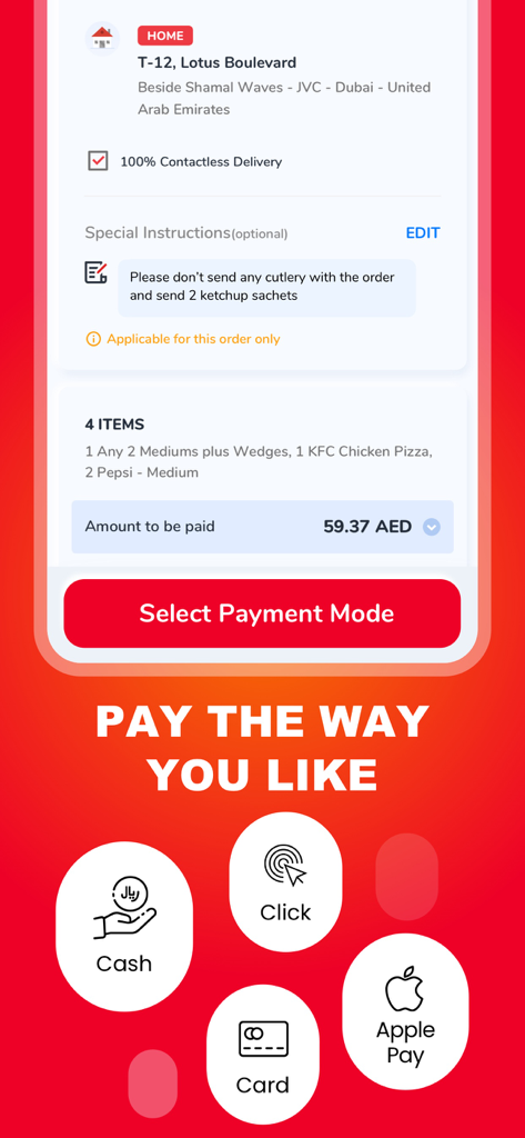 Pizza Hut UAE app checkout screen showing order summary and payment methods like Apple Pay and Cash