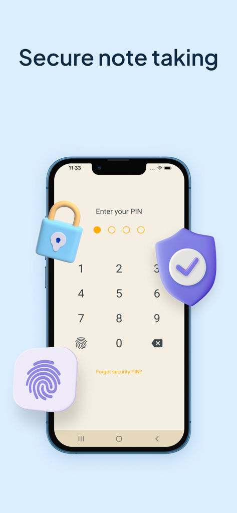 My Notes - Notebook, Notepad - ロックと盾のアイコンが付いた安全なノート作成のためのPIN入力画面を表示するスマートフォンのディスプレイ