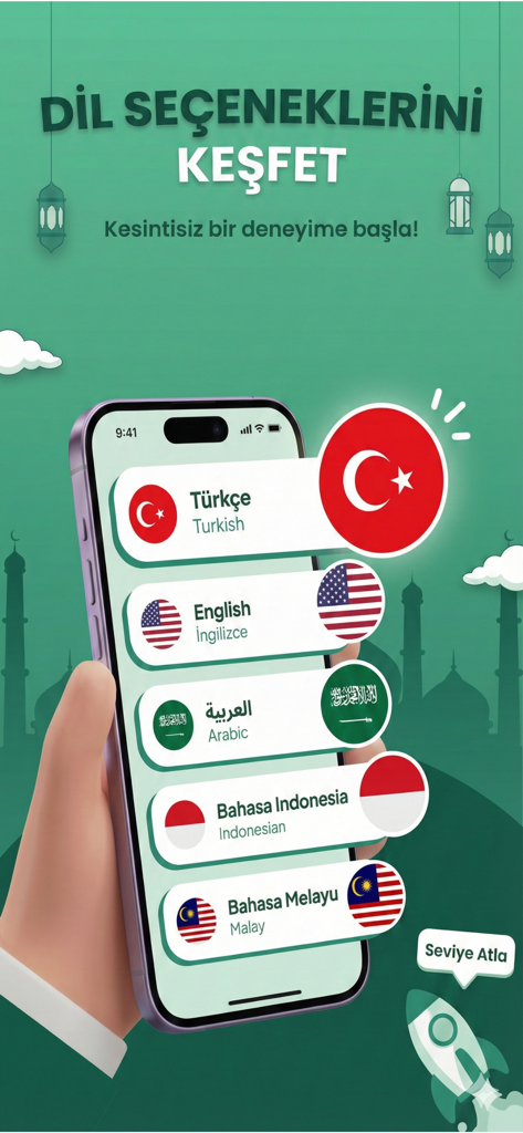 A smartphone displaying the language settings for the Zikirmatik app with options for Turkish English Arabic Indonesian and Malay
