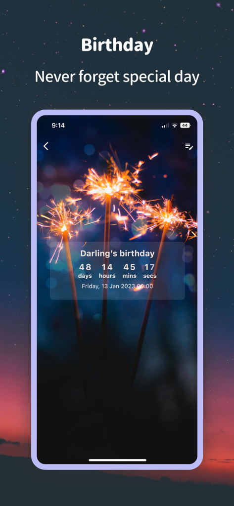 Countdown Calendar & Widget - Birthday countdown timer with aesthetic sparkler background