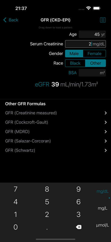 MedCalX app interface displaying a GFR medical calculator with patient input fields and calculated result