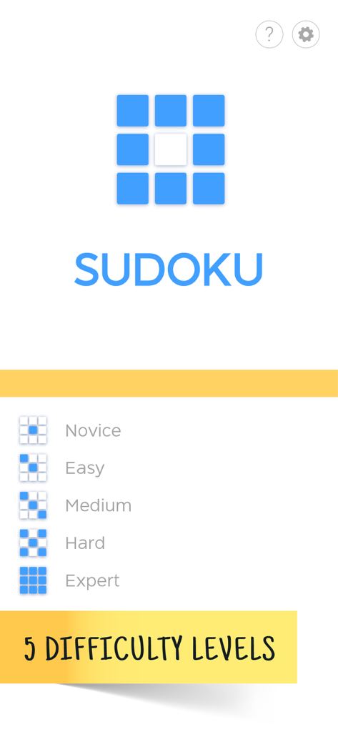 Sudoku: Classic Brain Puzzle - Sudoku game menu showing five difficulty levels from novice to expert