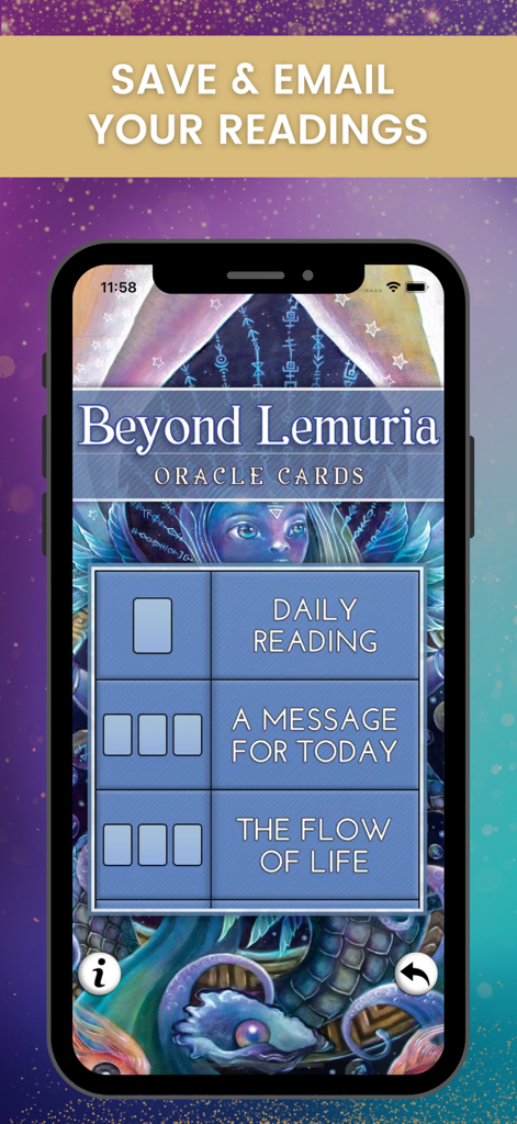 Beauty Everywhere Oracle Cards - Beyond Lemuria oracle card app interface showing reading options like Daily Reading and The Flow of Life