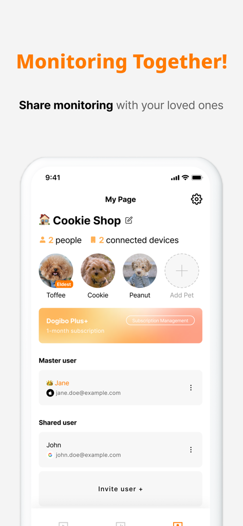 Interface of the Dogibo app showing shared pet monitoring with family members and multiple pets.