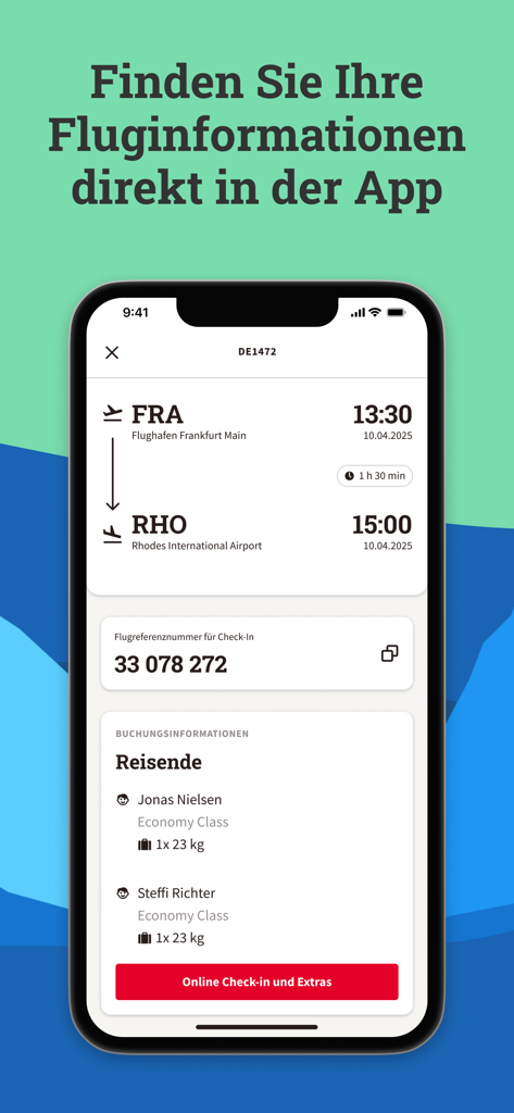L'interface de l'application MyDERTOUR affichant les horaires de vol, le numéro de référence d'enregistrement et les détails du voyageur pour un voyage.