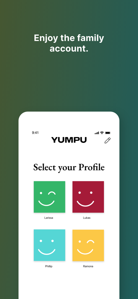 YUMPU Magazines and Newspapers - YUMPU app screen showing multiple user profiles for a family account