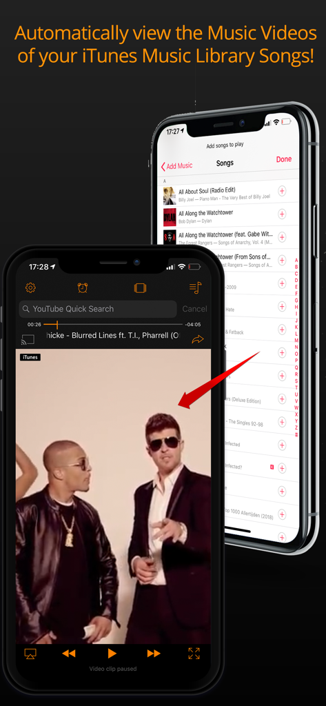 AudioViz  - Top Songs Online - AudioViz app interface showing how to automatically view music videos from an iTunes library on iPhone