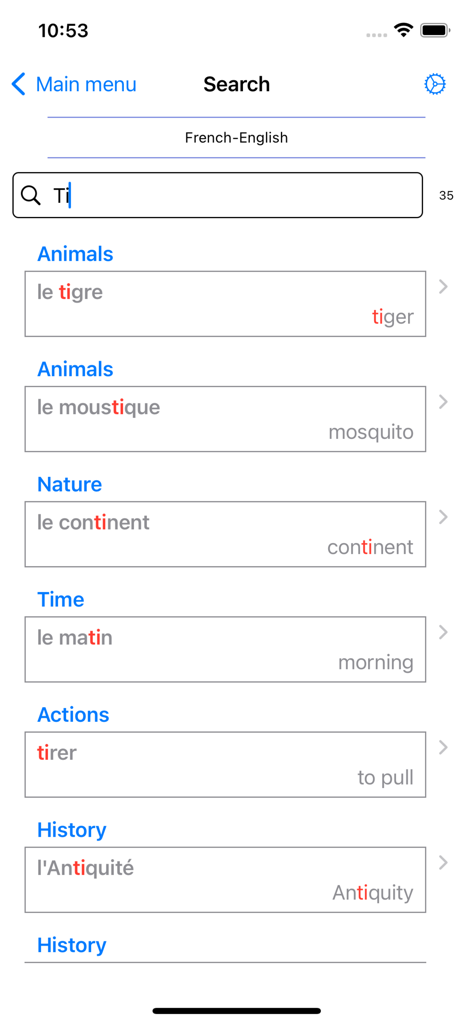 WordTheme app search interface displaying French vocabulary words organized by categories.