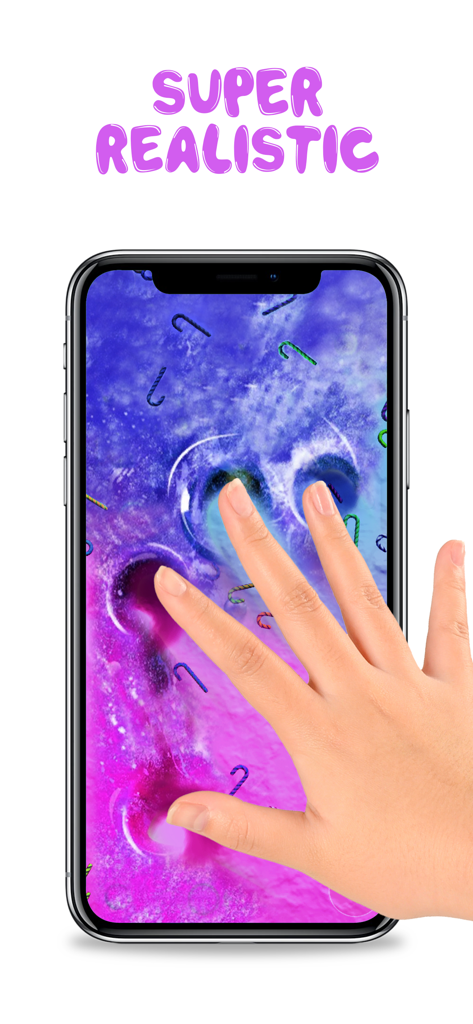 A hand interacting with a colorful purple and blue slime simulation on a smartphone screen.