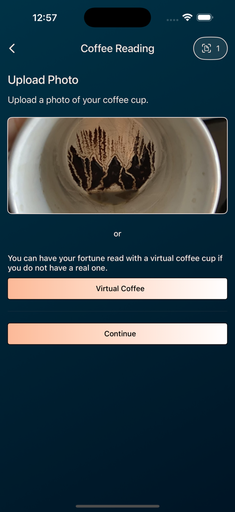 Mobile app interface for uploading a photo of coffee grounds for fortune telling